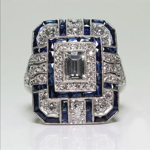 Jewelry - New Women’s 925 Silver Emerald Cut Sapphire Ring